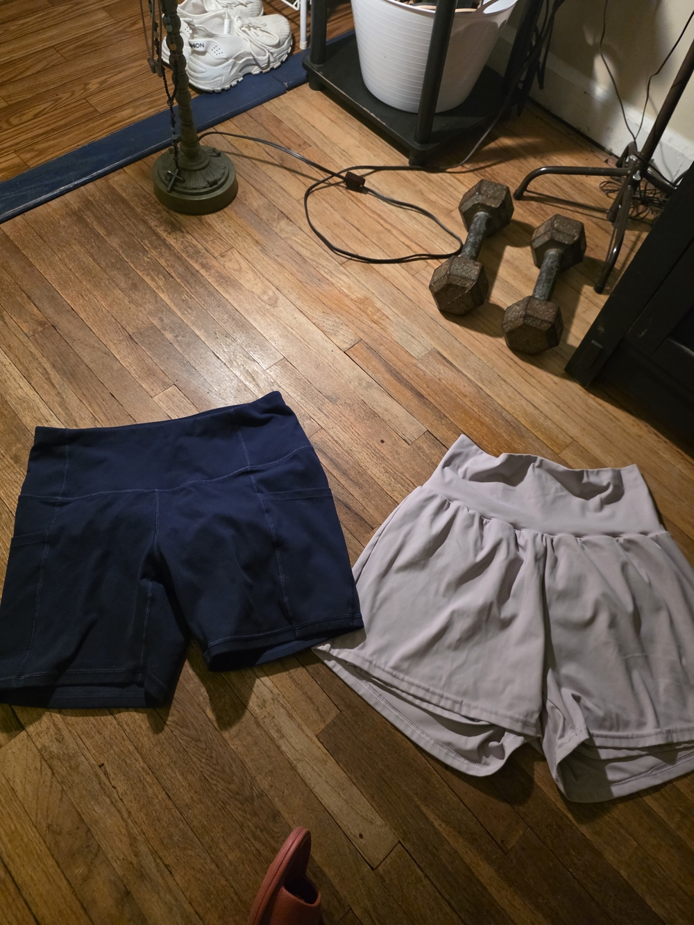 Heathyoga Bikers & Halara Women’s High-Rise Athletic Shorts — Navy and Lavendar